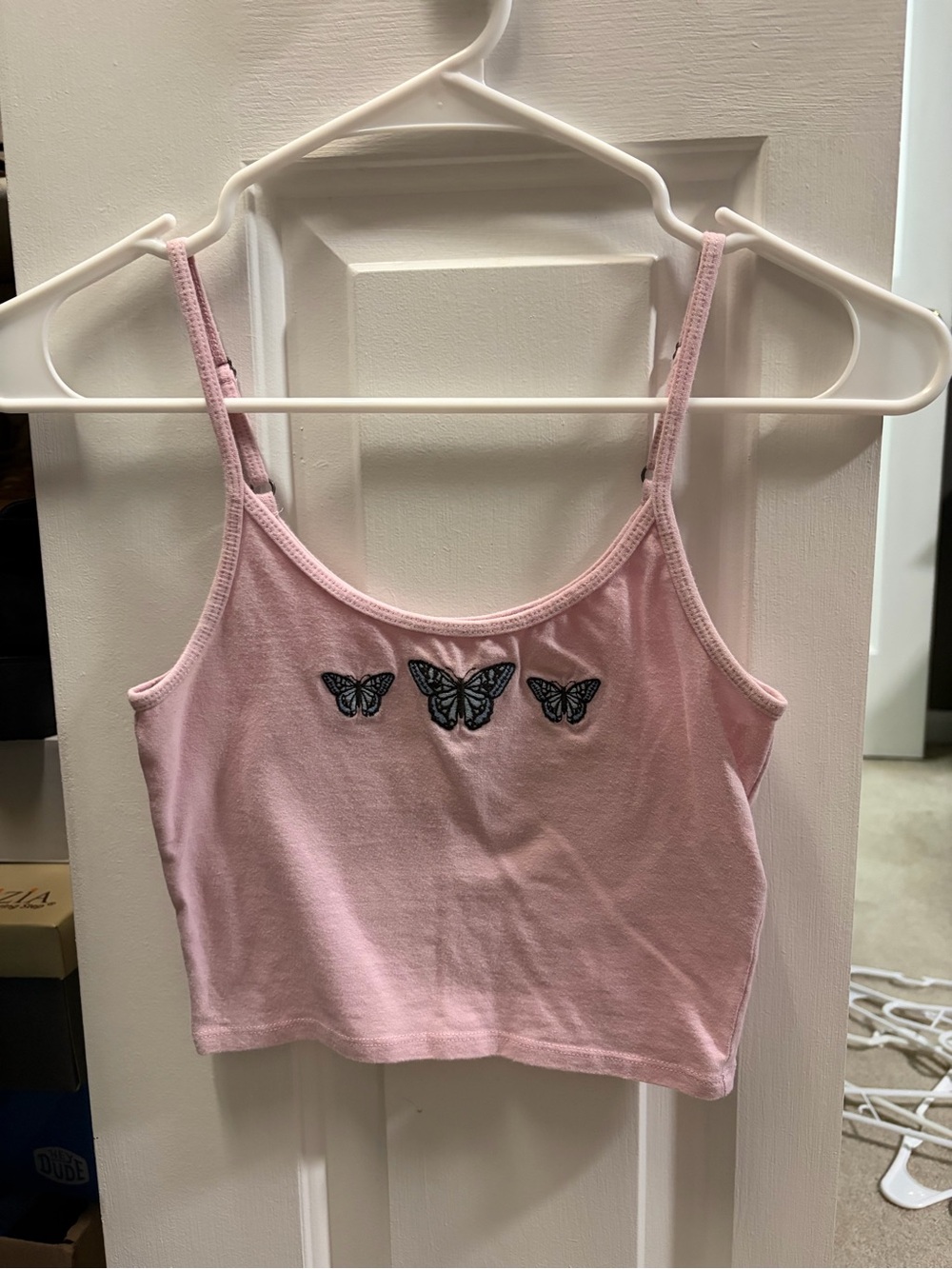 Hollister Pink Cropped Tank Top with Black Butterfly Embroidery